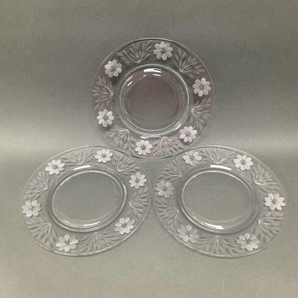 Etched Flowers Floral Clear Glass Salad Plates 8 1/2" Lot of 3